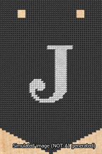 A simulated image of the stitched needlepoint design: Banner 13m Pointed J White on Black. Not A.I. generated.