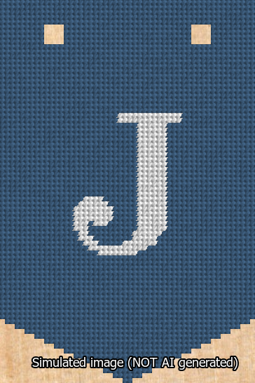 A simulated image of the stitched needlepoint design: Banner 13m Pointed J White on Blue. Not A.I. generated.