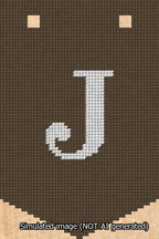 A simulated image of the stitched needlepoint design: Banner 13m Pointed J White on Brown. Not A.I. generated.