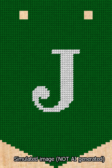 A simulated image of the stitched needlepoint design: Banner 13m Pointed J White on Green. Not A.I. generated.