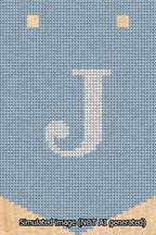 A simulated image of the stitched needlepoint design: Banner 13m Pointed J White on Light Blue. Not A.I. generated.