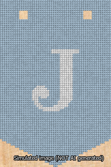 A simulated image of the stitched needlepoint design: Banner 13m Pointed J White on Light Blue. Not A.I. generated.