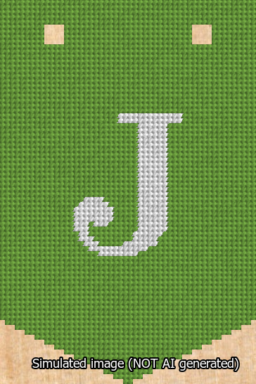 A simulated image of the stitched needlepoint design: Banner 13m Pointed J White on Light Green. Not A.I. generated.