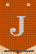 A simulated image of the stitched needlepoint design: Banner 13m Pointed J White on Orange. Not A.I. generated.