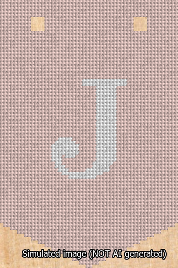 A simulated image of the stitched needlepoint design: Banner 13m Pointed J White on Pink. Not A.I. generated.