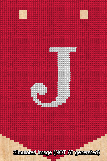 A simulated image of the stitched needlepoint design: Banner 13m Pointed J White on Red. Not A.I. generated.