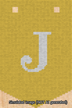 A simulated image of the stitched needlepoint design: Banner 13m Pointed J White on Yellow. Not A.I. generated.