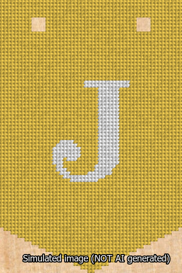 A simulated image of the stitched needlepoint design: Banner 13m Pointed J White on Yellow. Not A.I. generated.