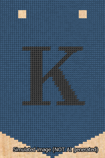 A simulated image of the stitched needlepoint design: Banner 13m Pointed K Black on Blue. Not A.I. generated.