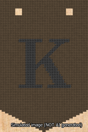 A simulated image of the stitched needlepoint design: Banner 13m Pointed K Black on Brown. Not A.I. generated.