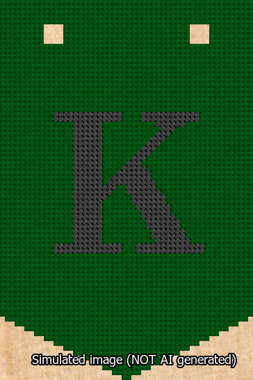 A simulated image of the stitched needlepoint design: Banner 13m Pointed K Black on Green. Not A.I. generated.