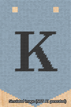 A simulated image of the stitched needlepoint design: Banner 13m Pointed K Black on Light Blue. Not A.I. generated.