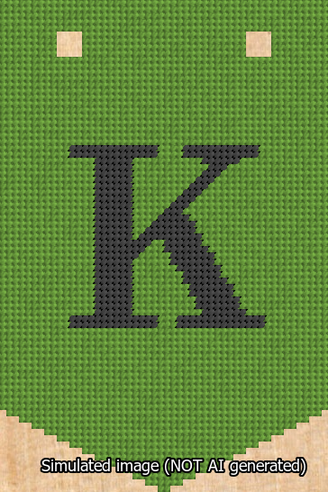 A simulated image of the stitched needlepoint design: Banner 13m Pointed K Black on Light Green. Not A.I. generated.