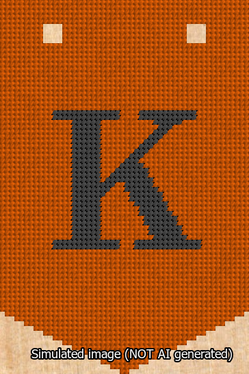 A simulated image of the stitched needlepoint design: Banner 13m Pointed K Black on Orange. Not A.I. generated.