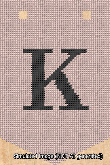 A simulated image of the stitched needlepoint design: Banner 13m Pointed K Black on Pink. Not A.I. generated.
