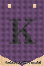 A simulated image of the stitched needlepoint design: Banner 13m Pointed K Black on Purple. Not A.I. generated.