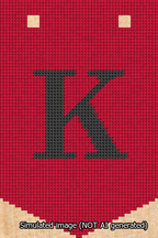 A simulated image of the stitched needlepoint design: Banner 13m Pointed K Black on Red. Not A.I. generated.