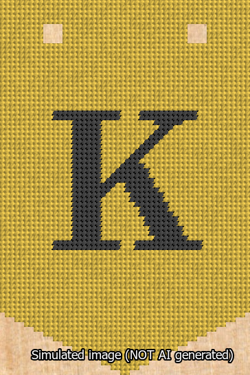 A simulated image of the stitched needlepoint design: Banner 13m Pointed K Black on Yellow. Not A.I. generated.