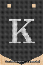 A simulated image of the stitched needlepoint design: Banner 13m Pointed K White on Black. Not A.I. generated.