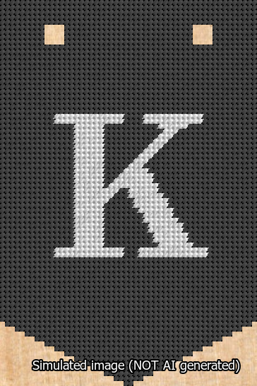 A simulated image of the stitched needlepoint design: Banner 13m Pointed K White on Black. Not A.I. generated.
