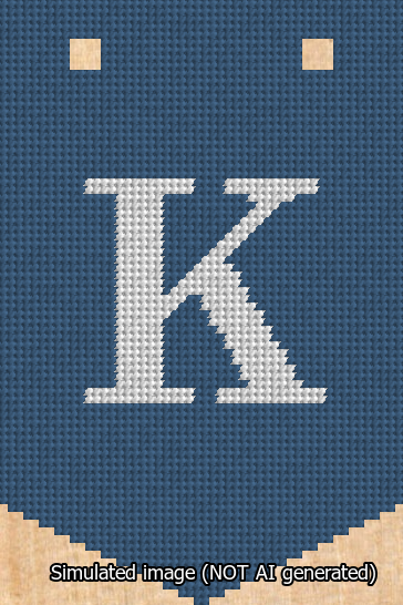 A simulated image of the stitched needlepoint design: Banner 13m Pointed K White on Blue. Not A.I. generated.