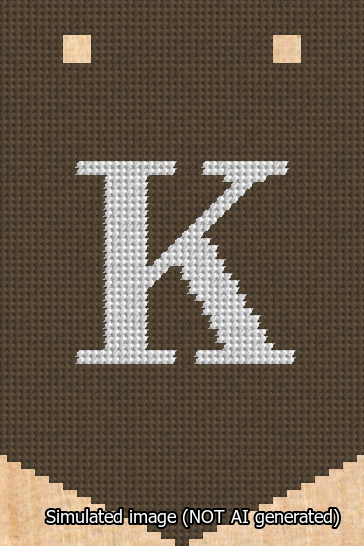 A simulated image of the stitched needlepoint design: Banner 13m Pointed K White on Brown. Not A.I. generated.