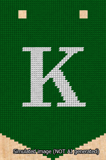 A simulated image of the stitched needlepoint design: Banner 13m Pointed K White on Green. Not A.I. generated.
