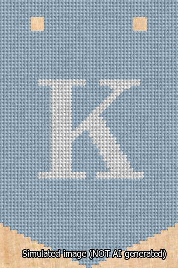 A simulated image of the stitched needlepoint design: Banner 13m Pointed K White on Light Blue. Not A.I. generated.