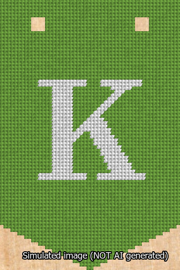 A simulated image of the stitched needlepoint design: Banner 13m Pointed K White on Light Green. Not A.I. generated.