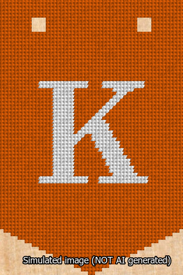 A simulated image of the stitched needlepoint design: Banner 13m Pointed K White on Orange. Not A.I. generated.