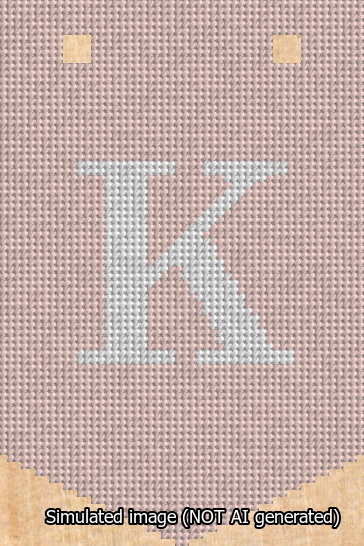 A simulated image of the stitched needlepoint design: Banner 13m Pointed K White on Pink. Not A.I. generated.