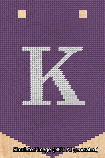 A simulated image of the stitched needlepoint design: Banner 13m Pointed K White on Purple. Not A.I. generated.