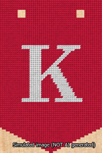 A simulated image of the stitched needlepoint design: Banner 13m Pointed K White on Red. Not A.I. generated.