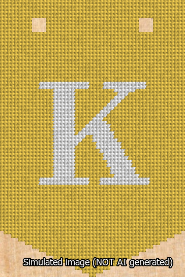 A simulated image of the stitched needlepoint design: Banner 13m Pointed K White on Yellow. Not A.I. generated.