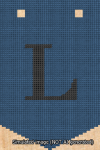A simulated image of the stitched needlepoint design: Banner 13m Pointed L Black on Blue. Not A.I. generated.