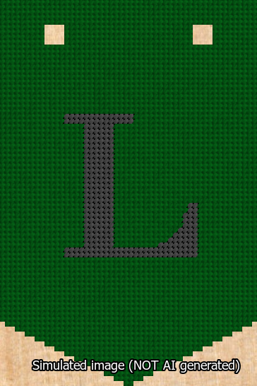 A simulated image of the stitched needlepoint design: Banner 13m Pointed L Black on Green. Not A.I. generated.
