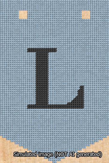A simulated image of the stitched needlepoint design: Banner 13m Pointed L Black on Light Blue. Not A.I. generated.