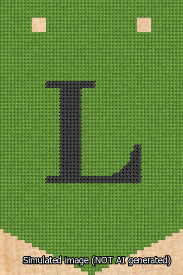 A simulated image of the stitched needlepoint design: Banner 13m Pointed L Black on Light Green. Not A.I. generated.