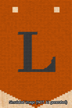 A simulated image of the stitched needlepoint design: Banner 13m Pointed L Black on Orange. Not A.I. generated.