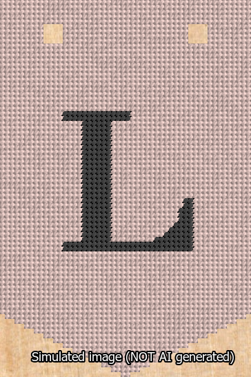 A simulated image of the stitched needlepoint design: Banner 13m Pointed L Black on Pink. Not A.I. generated.
