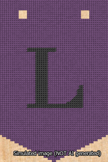 A simulated image of the stitched needlepoint design: Banner 13m Pointed L Black on Purple. Not A.I. generated.