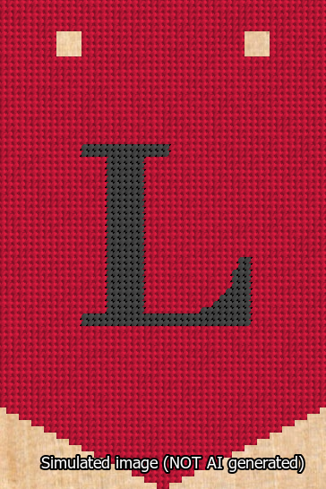 A simulated image of the stitched needlepoint design: Banner 13m Pointed L Black on Red. Not A.I. generated.
