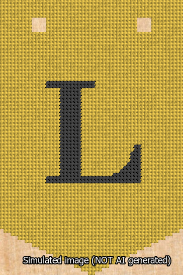 A simulated image of the stitched needlepoint design: Banner 13m Pointed L Black on Yellow. Not A.I. generated.