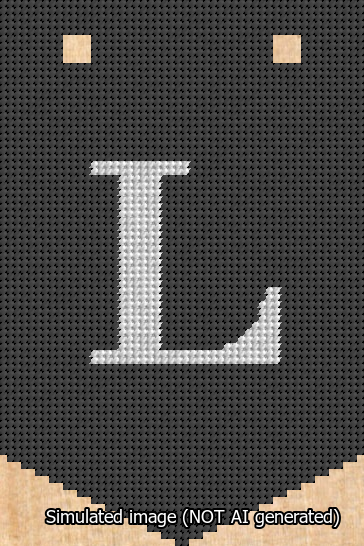 A simulated image of the stitched needlepoint design: Banner 13m Pointed L White on Black. Not A.I. generated.