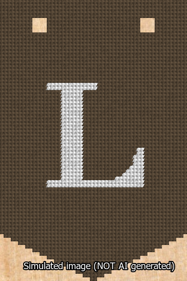 A simulated image of the stitched needlepoint design: Banner 13m Pointed L White on Brown. Not A.I. generated.