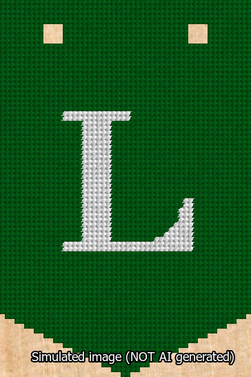 A simulated image of the stitched needlepoint design: Banner 13m Pointed L White on Green. Not A.I. generated.