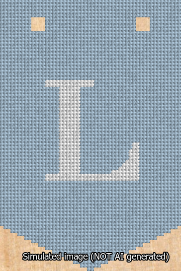 A simulated image of the stitched needlepoint design: Banner 13m Pointed L White on Light Blue. Not A.I. generated.