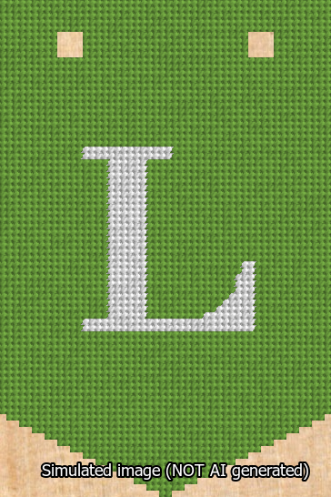 A simulated image of the stitched needlepoint design: Banner 13m Pointed L White on Light Green. Not A.I. generated.