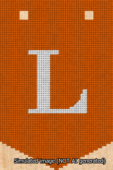 A simulated image of the stitched needlepoint design: Banner 13m Pointed L White on Orange. Not A.I. generated.