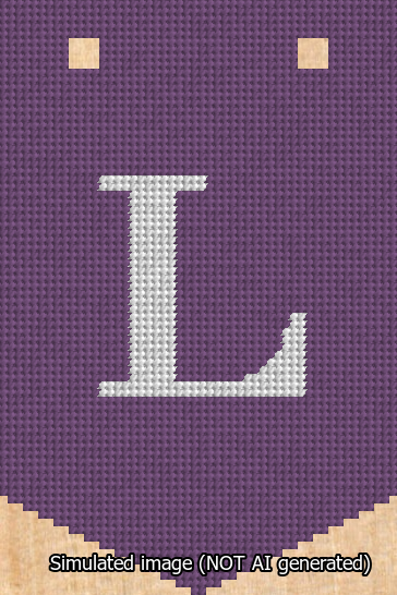 A simulated image of the stitched needlepoint design: Banner 13m Pointed L White on Purple. Not A.I. generated.